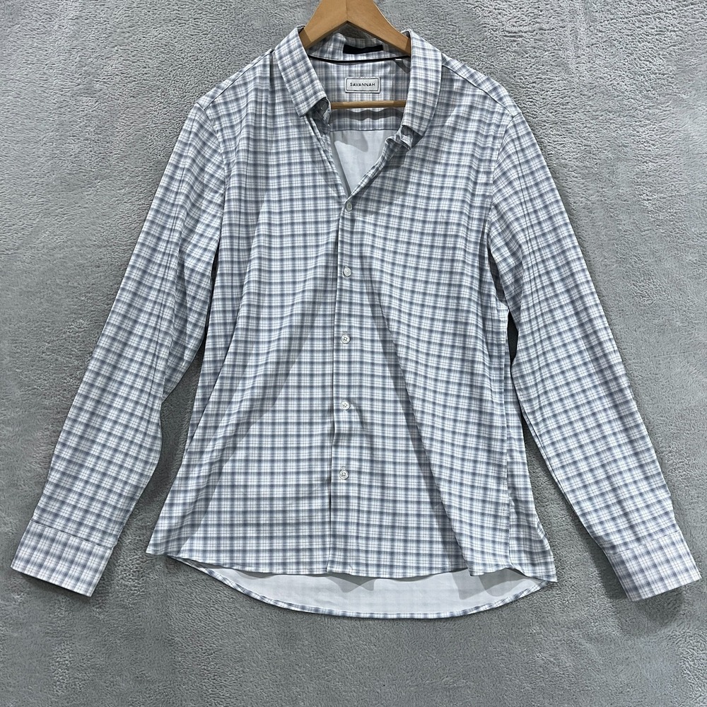 Savannah Shirt Mens Medium Gray Check Stretch Long Sleeve Curved Hem Button Up